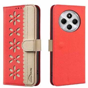 For Redmi 14C Splicing Color Hollow Flower Pattern RFID Leather Phone Case(Red)