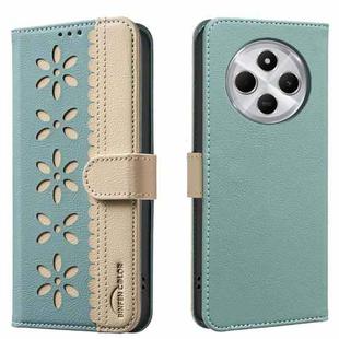 For Redmi 14C Splicing Color Hollow Flower Pattern RFID Leather Phone Case(Green)