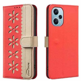 For Redmi Note 12 Turbo Splicing Color Hollow Flower Pattern RFID Leather Phone Case(Red)