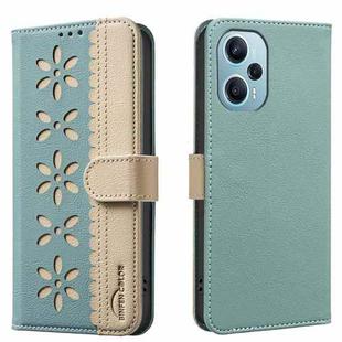 For Redmi Note 12 Turbo Splicing Color Hollow Flower Pattern RFID Leather Phone Case(Green)