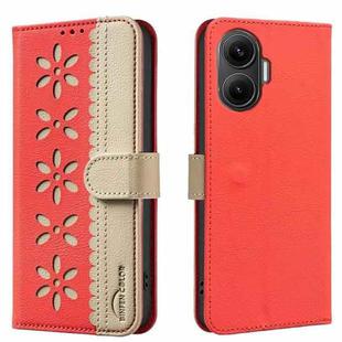 For Redmi Turbo 4 Pro Splicing Color Hollow Flower Pattern RFID Leather Phone Case(Red)