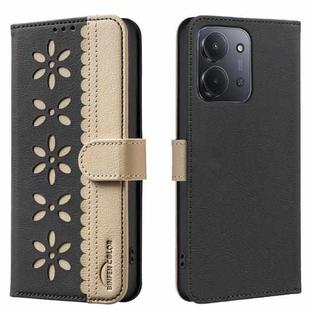 For Redmi 15C 4G 173.1mm / 15C 5G 173.1mm Splicing Color Hollow Flower Pattern RFID Leather Phone Case(Black)
