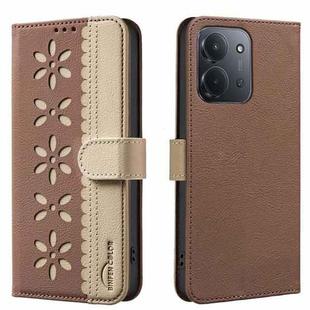 For Redmi 15C 4G 173.1mm / 15C 5G 173.1mm Splicing Color Hollow Flower Pattern RFID Leather Phone Case(Brown)