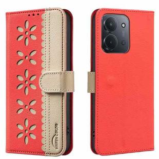 For Redmi 15C 4G 173.1mm / 15C 5G 173.1mm Splicing Color Hollow Flower Pattern RFID Leather Phone Case(Red)