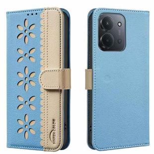 For Redmi 15C 4G 173.1mm / 15C 5G 173.1mm Splicing Color Hollow Flower Pattern RFID Leather Phone Case(Baby Blue)