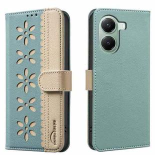 For Xiaomi Poco X7 Pro Splicing Color Hollow Flower Pattern RFID Leather Phone Case(Green)