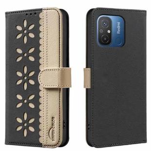 For Xiaomi Poco C55 Splicing Color Hollow Flower Pattern RFID Leather Phone Case(Black)