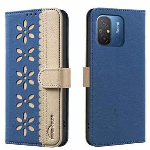 For Xiaomi Poco C55 Splicing Color Hollow Flower Pattern RFID Leather Phone Case(Dark Blue)