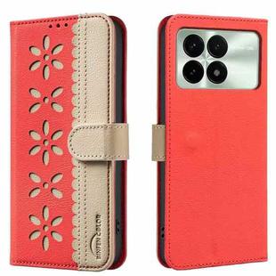 For Xiaomi Poco F6 Pro 5G Splicing Color Hollow Flower Pattern RFID Leather Phone Case(Red)