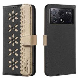 For Xiaomi Poco X6 Pro 5G Splicing Color Hollow Flower Pattern RFID Leather Phone Case(Black)