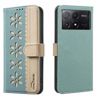 For Xiaomi Poco X6 Pro 5G Splicing Color Hollow Flower Pattern RFID Leather Phone Case(Green)