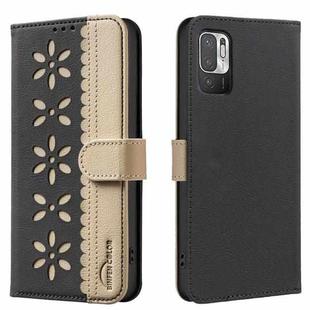 For Xiaomi Poco M3 Pro Splicing Color Hollow Flower Pattern RFID Leather Phone Case(Black)