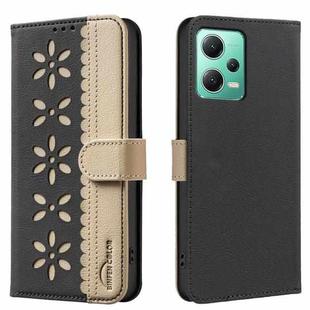 For Xiaomi Poco X5 Splicing Color Hollow Flower Pattern RFID Leather Phone Case(Black)