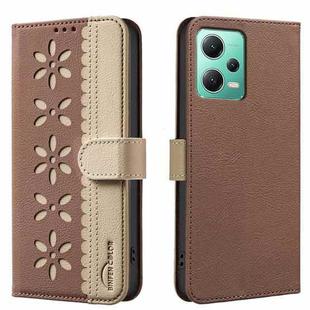 For Xiaomi Poco X5 Splicing Color Hollow Flower Pattern RFID Leather Phone Case(Brown)