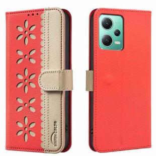 For Xiaomi Poco X5 Splicing Color Hollow Flower Pattern RFID Leather Phone Case(Red)
