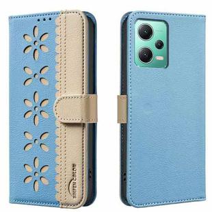 For Xiaomi Poco X5 Splicing Color Hollow Flower Pattern RFID Leather Phone Case(Baby Blue)