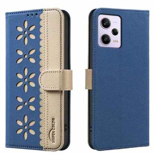 For Xiaomi Poco X5 Pro Splicing Color Hollow Flower Pattern RFID Leather Phone Case(Dark Blue)