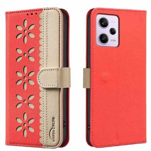 For Xiaomi Poco X5 Pro Splicing Color Hollow Flower Pattern RFID Leather Phone Case(Red)