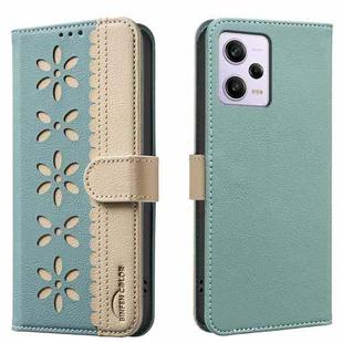 For Xiaomi Poco X5 Pro Splicing Color Hollow Flower Pattern RFID Leather Phone Case(Green)