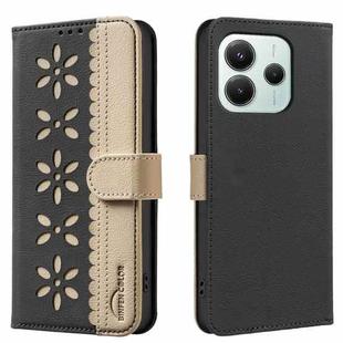 For Xiaomi Poco M7 Pro 5G Splicing Color Hollow Flower Pattern RFID Leather Phone Case(Black)