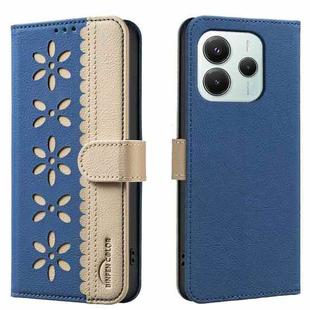 For Xiaomi Poco M7 Pro 5G Splicing Color Hollow Flower Pattern RFID Leather Phone Case(Dark Blue)