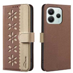 For Xiaomi Poco M7 Pro 5G Splicing Color Hollow Flower Pattern RFID Leather Phone Case(Brown)