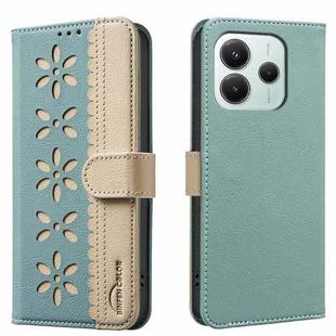 For Xiaomi Poco M7 Pro 5G Splicing Color Hollow Flower Pattern RFID Leather Phone Case(Green)