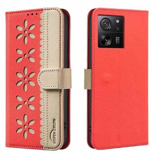 For Xiaomi 13T Splicing Color Hollow Flower Pattern RFID Leather Phone Case(Red)