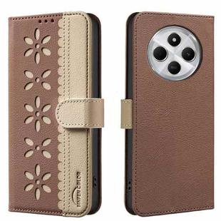 For Xiaomi Poco C75 Splicing Color Hollow Flower Pattern RFID Leather Phone Case(Brown)