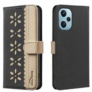For Xiaomi Poco F5 Splicing Color Hollow Flower Pattern RFID Leather Phone Case(Black)