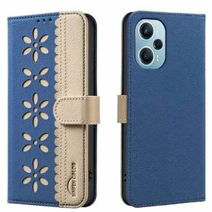 For Xiaomi Poco F5 Splicing Color Hollow Flower Pattern RFID Leather Phone Case(Dark Blue)