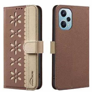 For Xiaomi Poco F5 Splicing Color Hollow Flower Pattern RFID Leather Phone Case(Brown)