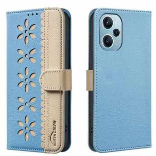 For Xiaomi Poco F5 Splicing Color Hollow Flower Pattern RFID Leather Phone Case(Baby Blue)