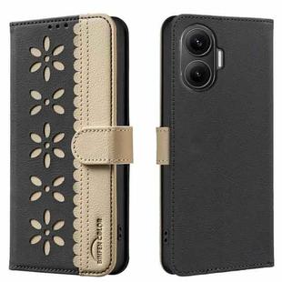 For Xiaomi Poco F7 5G Global Splicing Color Hollow Flower Pattern RFID Leather Phone Case(Black)