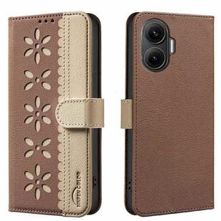 For Xiaomi Poco F7 5G Global Splicing Color Hollow Flower Pattern RFID Leather Phone Case(Brown)