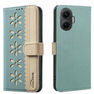 For Xiaomi Poco F7 5G Global Splicing Color Hollow Flower Pattern RFID Leather Phone Case(Green)