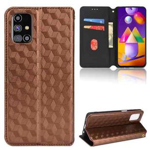 For Samsung Galaxy M31s Cubic Grid Texture Flip Leather Phone Case(Brown)