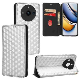For Realme 11 Pro 5G / 11 Cubic Grid Texture Flip Leather Phone Case(Silver)