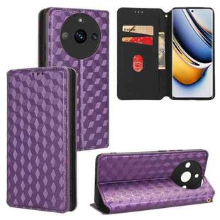 For Realme 11 Pro 5G / 11 Cubic Grid Texture Flip Leather Phone Case(Purple)