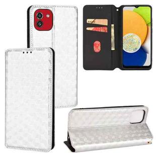 For Samsung Galaxy A03 164.2mm Global Cubic Grid Texture Flip Leather Phone Case(Silver)