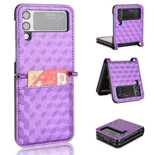 For Samsung Galaxy Z Flip3 Siamese Cubic Grid Texture Card Slot Leather Phone Case(Purple)
