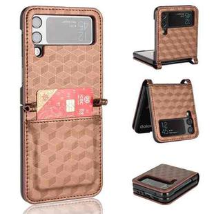 For Samsung Galaxy Z Flip3 Siamese Cubic Grid Texture Card Slot Leather Phone Case(Brown)