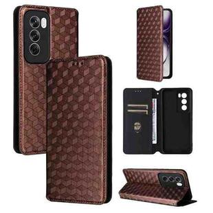 For OPPO Reno12 5G Global Cubic Grid Texture Flip Leather Phone Case(Brown)