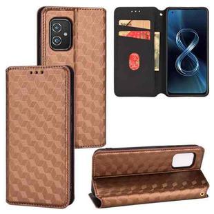 For Asus Zenfone 8 Cubic Grid Texture Flip Leather Phone Case(Brown)