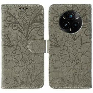 For Realme 14 Pro+ Lace Flower Embossing Flip Leather Phone Case(Grey)