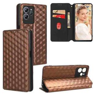 For Oukitel C32 Cubic Grid Texture Flip Leather Phone Case(Brown)