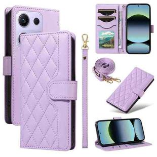 For Redmi Note 14S 4G / Note 13 Pro 4G Three Card Slot Diamond Grid  Leather Phone Case with Long / Short Straps(Purple)