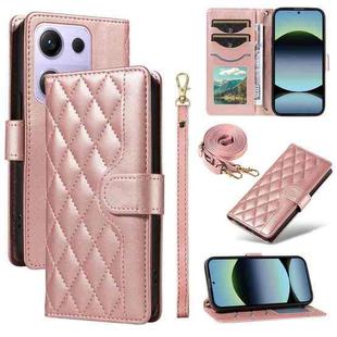 For Redmi Note 14S 4G / Note 13 Pro 4G Three Card Slot Diamond Grid  Leather Phone Case with Long / Short Straps(Rose Gold)