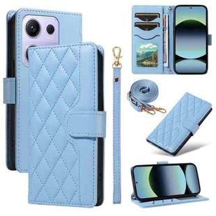 For Redmi Note 14S 4G / Note 13 Pro 4G Three Card Slot Diamond Grid  Leather Phone Case with Long / Short Straps(Blue)