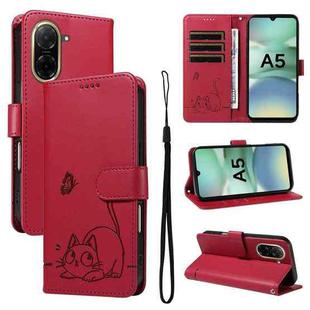 For Redmi A5 4G 173.3mm Adorable Cat Embossed Pattern Flip Leather Phone Case(Red)
